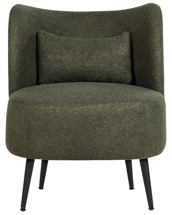 Mørkegrøn boucle cocktail lænestol sorte ben afrundet ryg glam retro stil lammeskind polstring
