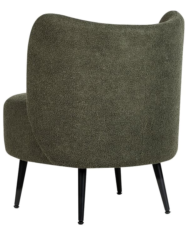 Mørkegrøn boucle cocktail lænestol sorte ben afrundet ryg glam retro stil lammeskind polstring