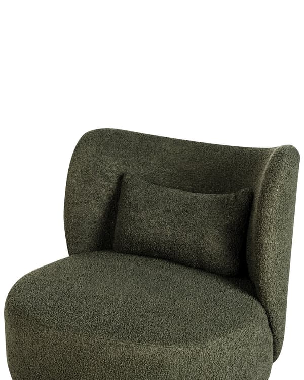 Mørkegrøn boucle cocktail lænestol sorte ben afrundet ryg glam retro stil lammeskind polstring