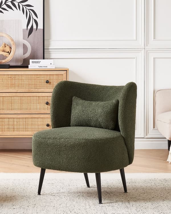 Mørkegrøn boucle cocktail lænestol sorte ben afrundet ryg glam retro stil lammeskind polstring