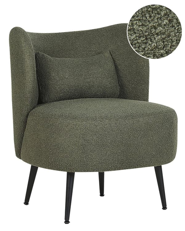 Mørkegrøn boucle cocktail lænestol sorte ben afrundet ryg glam retro stil lammeskind polstring
