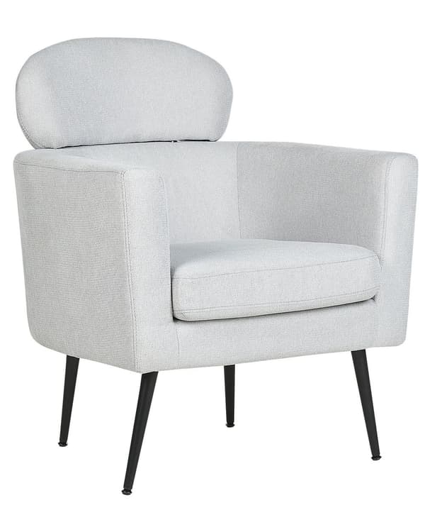 Lysegrå polstret cocktaillænestol sorte ben med nakkestøtte glam retro polstrede stuemøbler