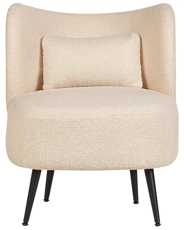 Nojatuoli beige bukleeverhoiltu metallijalat käsinojaton koristetyyny retro glamour