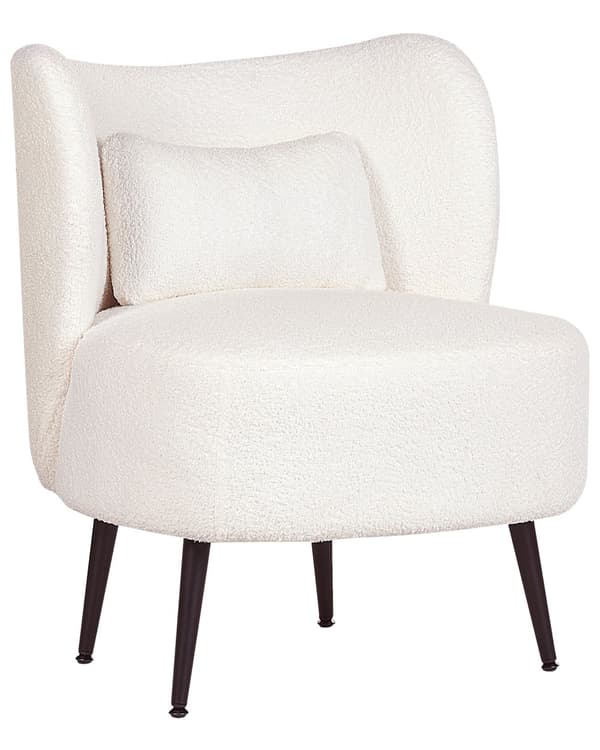 Fåtölj Vit Kräm Boucle Tyg Mjuk Nubby Svarta Ben Böjd Ryggstöd Retro Glam Art Decor Style