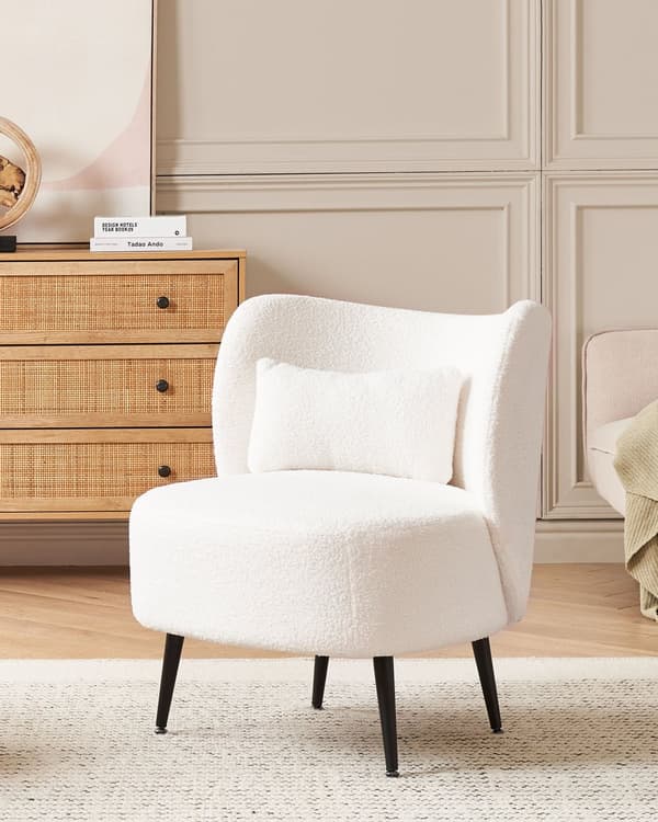 Fåtölj Vit Kräm Boucle Tyg Mjuk Nubby Svarta Ben Böjd Ryggstöd Retro Glam Art Decor Style