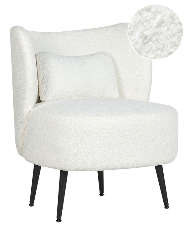 Fåtölj Vit Kräm Boucle Tyg Mjuk Nubby Svarta Ben Böjd Ryggstöd Retro Glam Art Decor Style