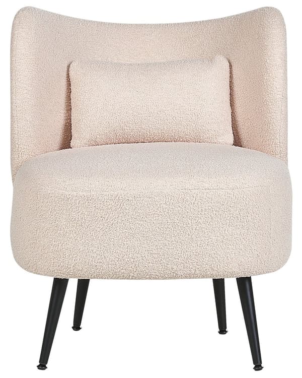 Fåtölj Beige Boucle Tyg Mjuk Nubby Svarta Ben Böjd Rygg Retro Glam Art Decor Style