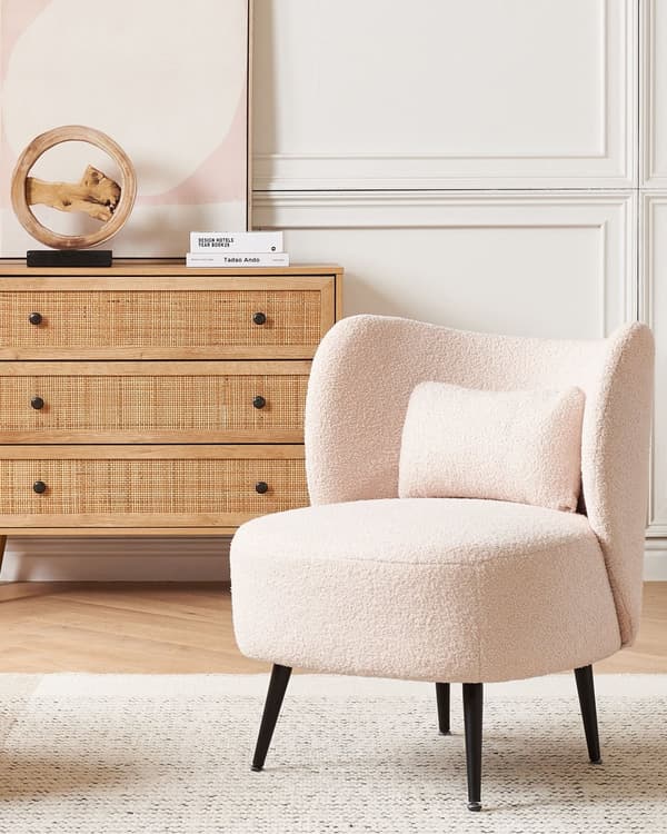 Fåtölj Beige Boucle Tyg Mjuk Nubby Svarta Ben Böjd Rygg Retro Glam Art Decor Style