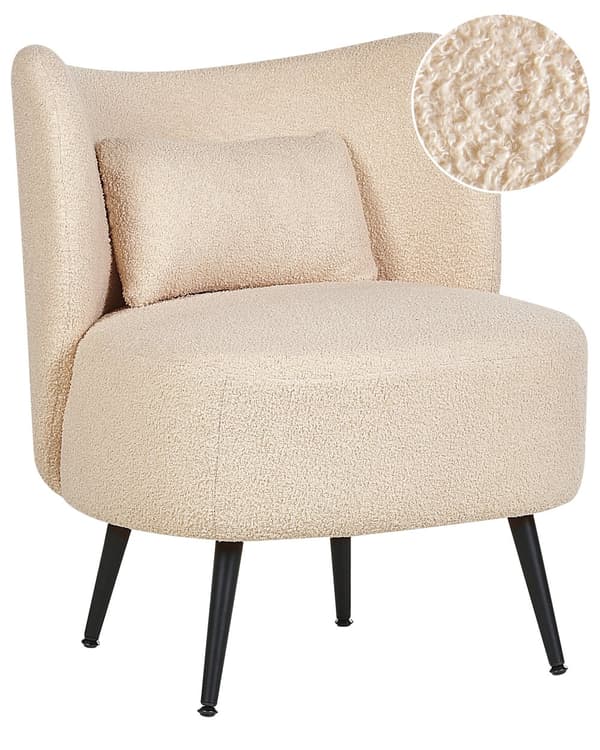 Fåtölj Beige Boucle Tyg Mjuk Nubby Svarta Ben Böjd Rygg Retro Glam Art Decor Style