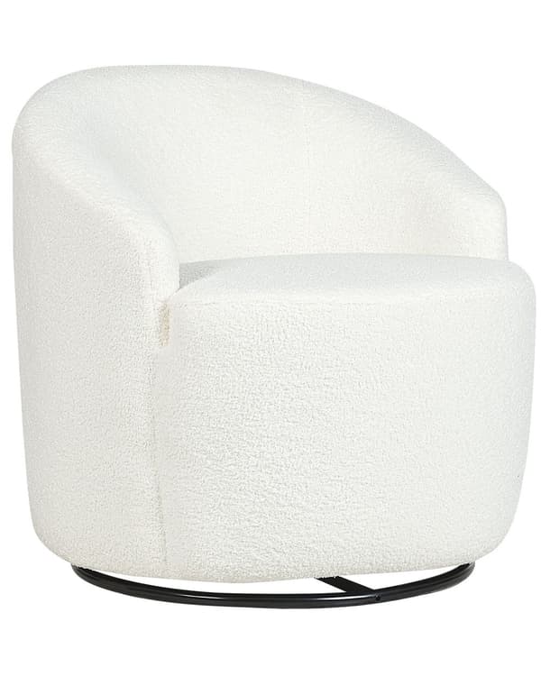 Fåtölj Vit Kräm Boucle Tyg Mjukt Nubby Svart Bas Svängbar 360° Retro Glam Art Decor Style