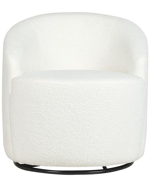 Fåtölj Vit Kräm Boucle Tyg Mjukt Nubby Svart Bas Svängbar 360° Retro Glam Art Decor Style