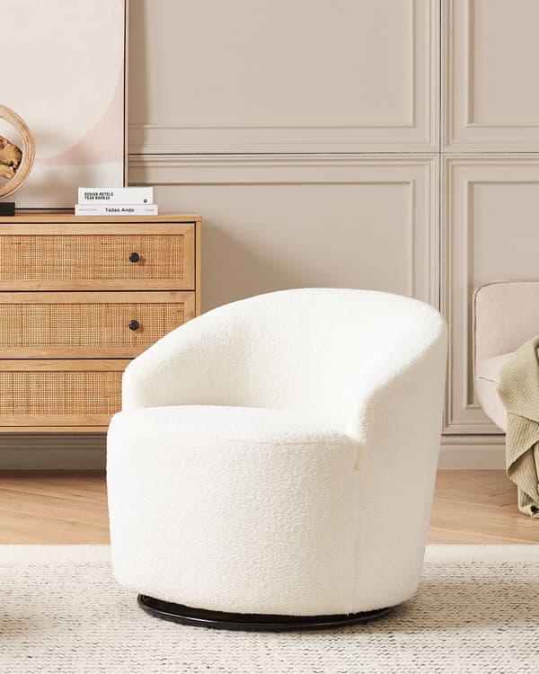 Fåtölj Vit Kräm Boucle Tyg Mjukt Nubby Svart Bas Svängbar 360° Retro Glam Art Decor Style