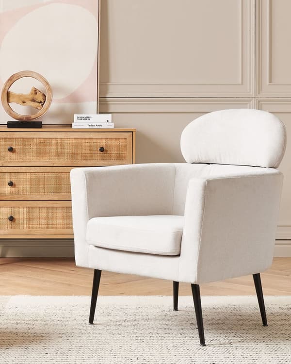 Fåtölj Vitt tyg Mjuk klädsel Svarta ben med nackstöd Ryggstöd Retro Glam Art Decor Style