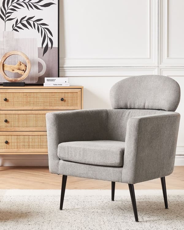 Fåtölj Taupe tyg mjuk klädsel Svarta ben med nackstöd Ryggstöd Retro Glam Art Decor Style