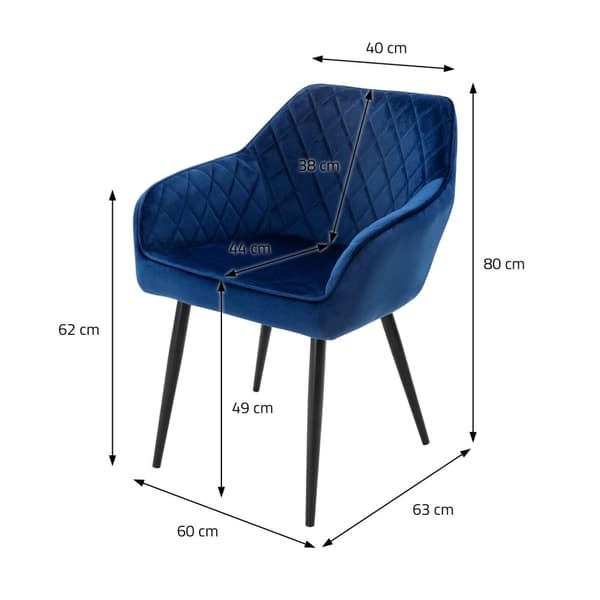 ML-Design 2 stk. spisestuestole med armlæn og ryglæn; mørkeblå; køkkenstol med fløjlsovertræk; polstret stol med metalben; ergonomisk stol til