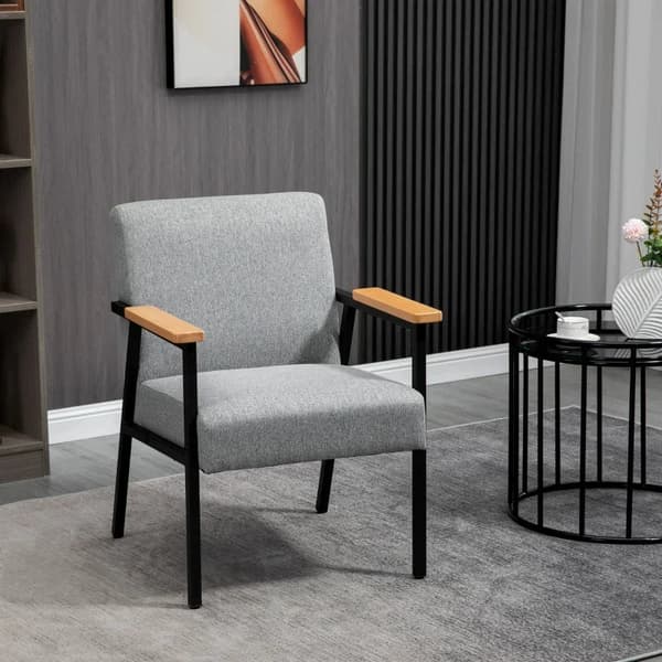 Rootz Accent Stol i Scandi Design - Hvilestol - Accent Stol - Linnedlook - Gummitræ - Grå + Sort + Brun - 64,5L x 70W x 83,5H cm