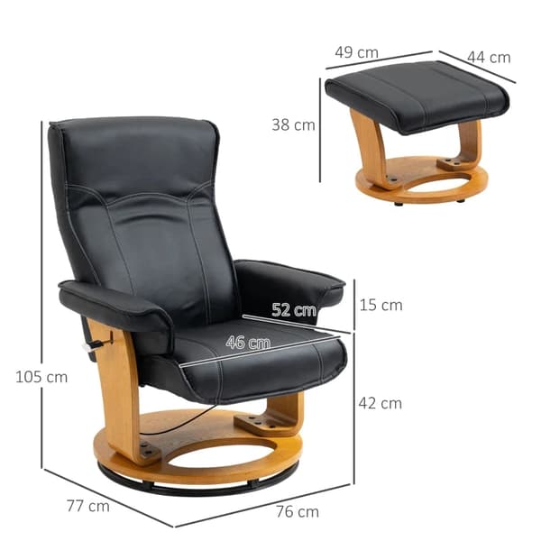 Rootz Relax Stol med fodskammel - TV-stol - Hvilestol - Justerbar ryglæn - 360° drejelig - Sort + Brun - 76L x 77W x 105H cm