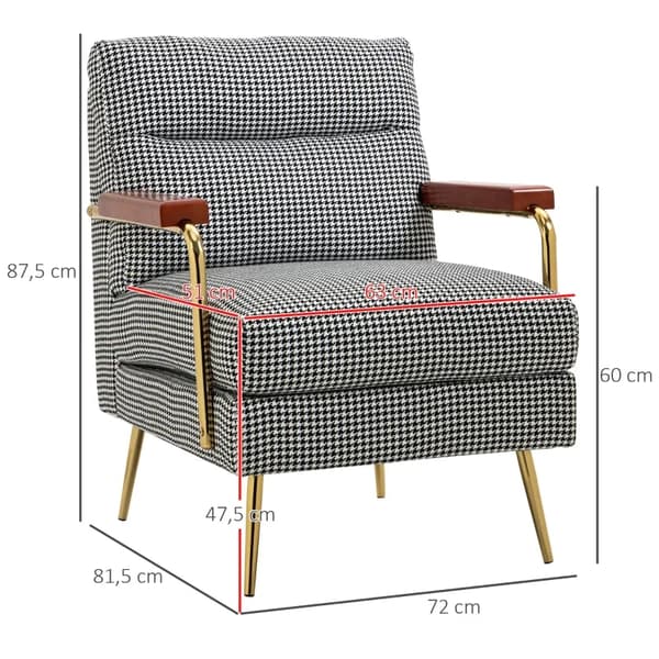Rootz Lænestol - Retro Design - Accent Stol - Houndstooth-mønster - Linned Polyester - Træelementer - Fjederkerne - Sort + Hvid - 72L x 81,5W x 87,5H