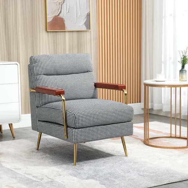 Rootz Lænestol - Retro Design - Accent Stol - Houndstooth-mønster - Linned Polyester - Træelementer - Fjederkerne - Sort + Hvid - 72L x 81,5W x 87,5H