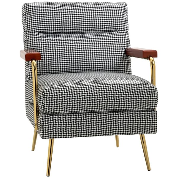 Rootz Lænestol - Retro Design - Accent Stol - Houndstooth-mønster - Linned Polyester - Træelementer - Fjederkerne - Sort + Hvid - 72L x 81,5W x 87,5H