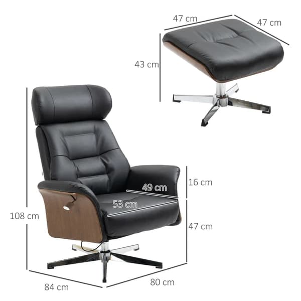 Rootz Avslappningsstol med fotpall - 360° vridbar - Liggfunktion - Lässtol - Svart - 80 x 84 x 108 cm