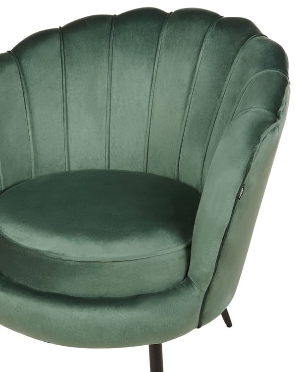 Nojatuoli vihreä samettiverhoilu metallijalat simpukkamuoto tikattu retro glamour