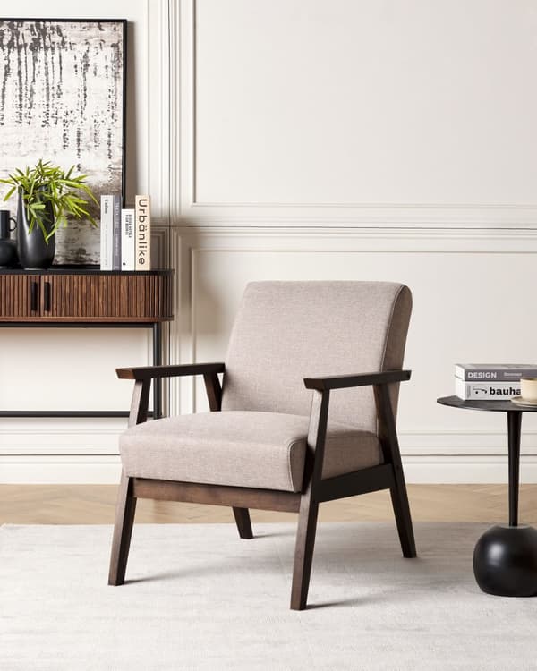Lenestol Taupe Polyester Stofftrekk Treramme Armlener Retro design Stue Hvilestol