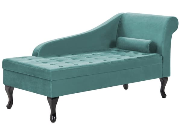 Høyrevendt sjeselong Mint Fløyelspolstring Svarte ben Oppbevaringsrom Tuftet sete Bolsterpute Glam Retro Design