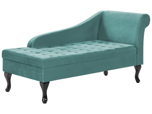 Høyrevendt sjeselong Mint Fløyelspolstring Svarte ben Oppbevaringsrom Tuftet sete Bolsterpute Glam Retro Design