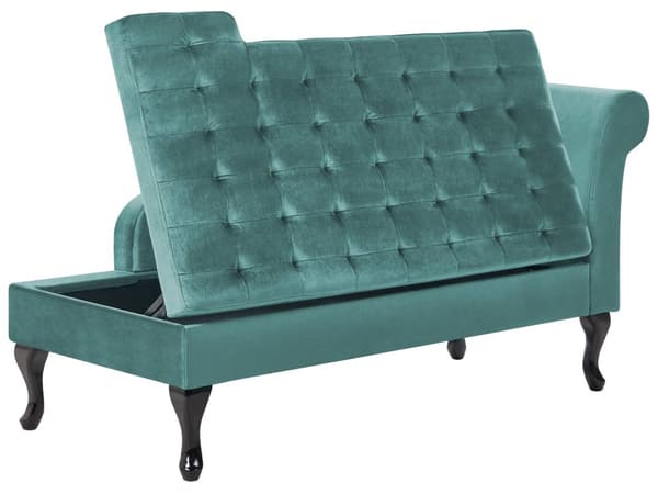 Høyrevendt sjeselong Mint Fløyelspolstring Svarte ben Oppbevaringsrom Tuftet sete Bolsterpute Glam Retro Design