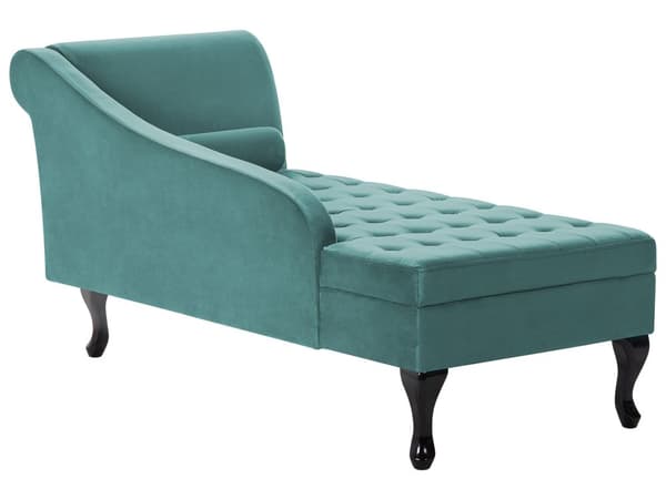 Høyrevendt sjeselong Mint Fløyelspolstring Svarte ben Oppbevaringsrom Tuftet sete Bolsterpute Glam Retro Design