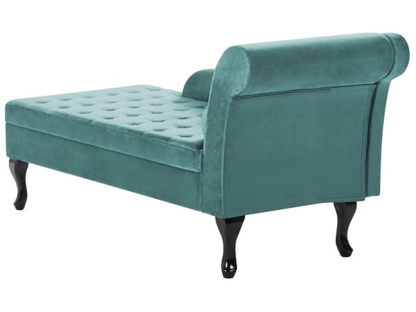 Høyrevendt sjeselong Mint Fløyelspolstring Svarte ben Oppbevaringsrom Tuftet sete Bolsterpute Glam Retro Design