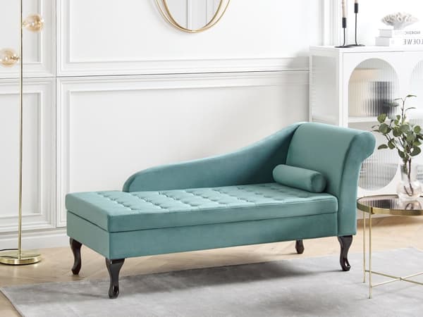 Høyrevendt sjeselong Mint Fløyelspolstring Svarte ben Oppbevaringsrom Tuftet sete Bolsterpute Glam Retro Design