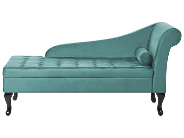 Høyrevendt sjeselong Mint Fløyelspolstring Svarte ben Oppbevaringsrom Tuftet sete Bolsterpute Glam Retro Design