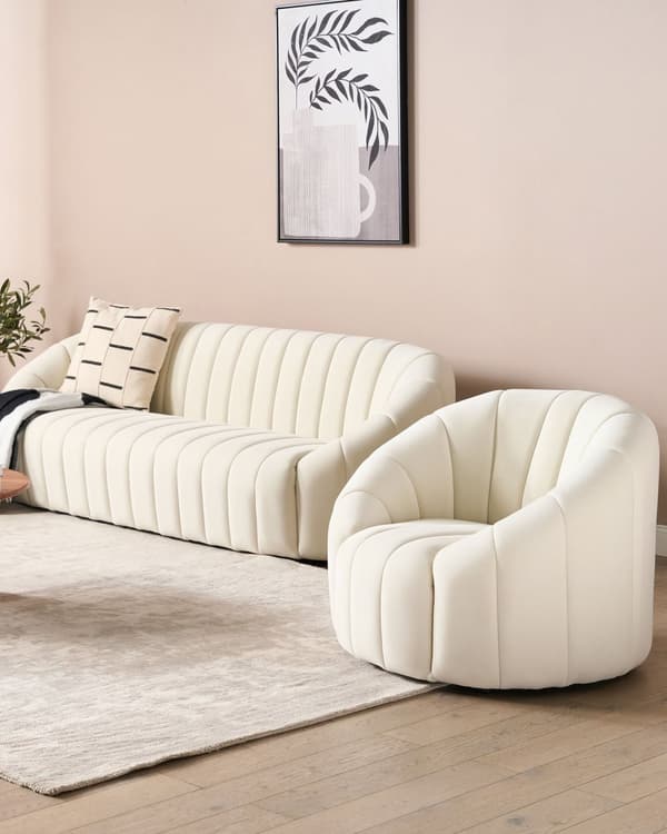 Sammet fåtölj Off-White Mjukt Tyg Modern Retro Design Tuftad Sits Lågt Ryggstöd Vardagsrum
