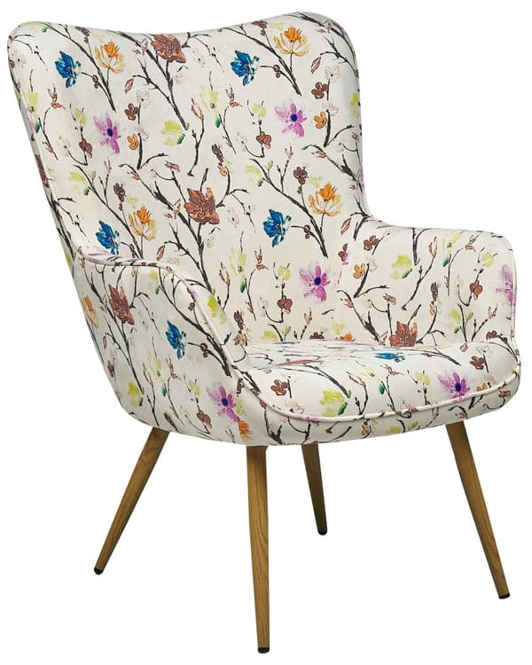 Lenestol med Ottoman Kremfarget Stoff Knappet Blomstermønster Retrostil