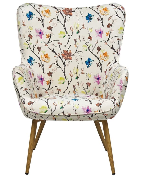 Lenestol med Ottoman Kremfarget Stoff Knappet Blomstermønster Retrostil