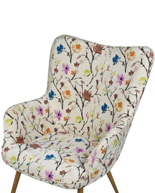Lenestol med Ottoman Kremfarget Stoff Knappet Blomstermønster Retrostil