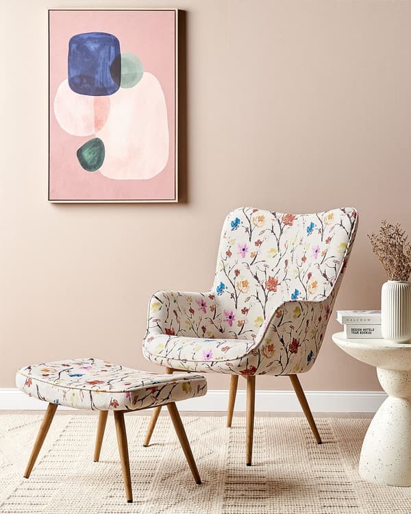 Lenestol med Ottoman Kremfarget Stoff Knappet Blomstermønster Retrostil