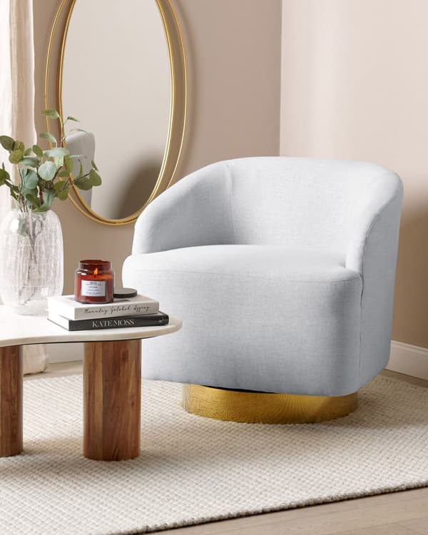 Lenestol Lysegrå Stoff med Gullunderstell svingbar 360° Retro Glamour Art Deco stil