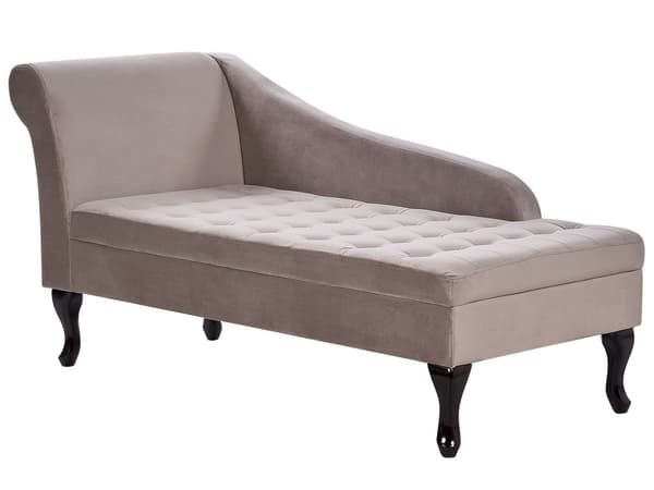 Venstrehånds sjeselong Taupe fløyelspolstring Sorte ben Oppbevaringsrom Tuftet sete Bolsterpute Glam Retro Design