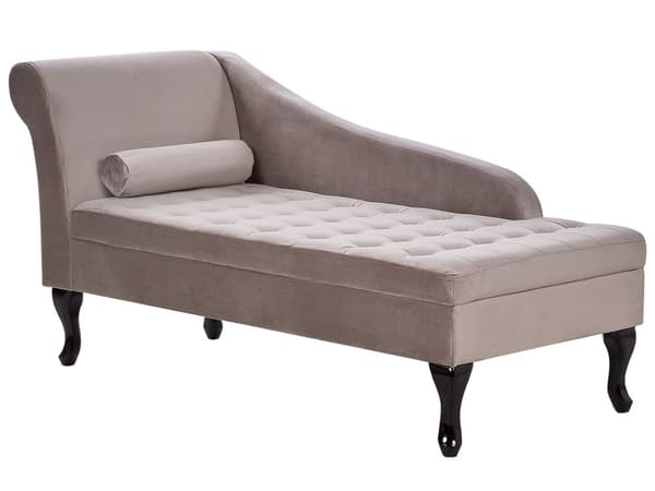 Venstrehånds sjeselong Taupe fløyelspolstring Sorte ben Oppbevaringsrom Tuftet sete Bolsterpute Glam Retro Design