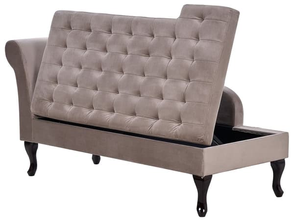Venstrehånds sjeselong Taupe fløyelspolstring Sorte ben Oppbevaringsrom Tuftet sete Bolsterpute Glam Retro Design