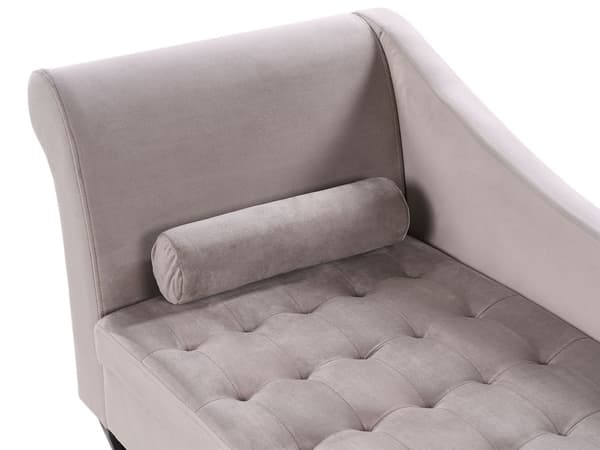 Venstrehånds sjeselong Taupe fløyelspolstring Sorte ben Oppbevaringsrom Tuftet sete Bolsterpute Glam Retro Design