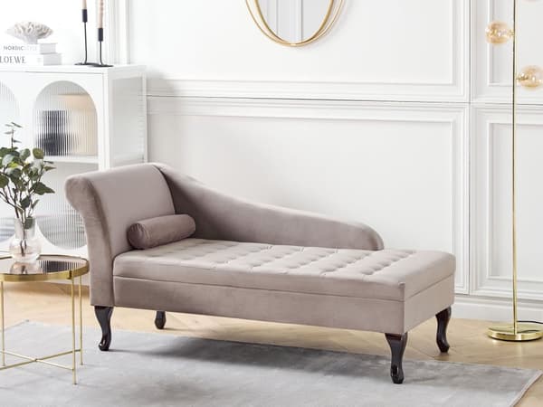 Venstrehånds sjeselong Taupe fløyelspolstring Sorte ben Oppbevaringsrom Tuftet sete Bolsterpute Glam Retro Design