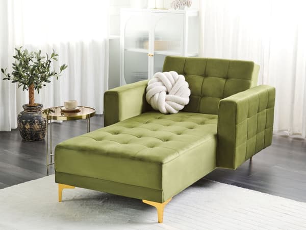 Sjeselong Grønn Fløyel Justerbar rygg Sovefunksjon Metallben Dekorative knapper Moderne design Stue