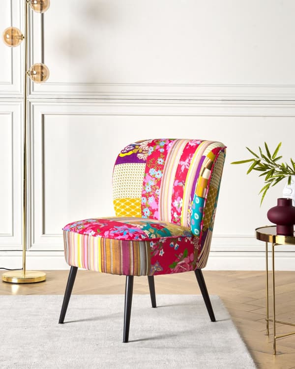 Blomstret Lænestol Multifarvet Stof Stuestol uden Armlæn til Stuen Bred Hvilestol Polstret Patchwork Retro Design