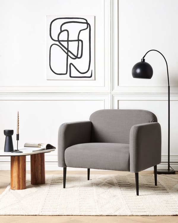 Lenestol i grå og svart linstoff med metallben 83 x 74 x 77 cm Badekarstol Polstret Myk Retro Art Decor Stil Stue