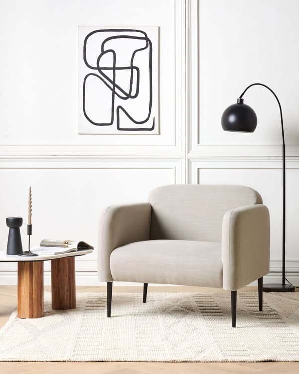 Lenestol i taupefarget og svart linstoff med metallben 83 x 74 x 77 cm Badekarstol Polstret myk Retro Art Decor Style Stue