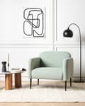 Miniatyrbilde 2 av 8: Lenestol i lysegrønt og svart linstoff med metallben 83 x 74 x 77 cm Badekarstol Polstret Myk Retro Retro Kunst Innredning Stil Stue